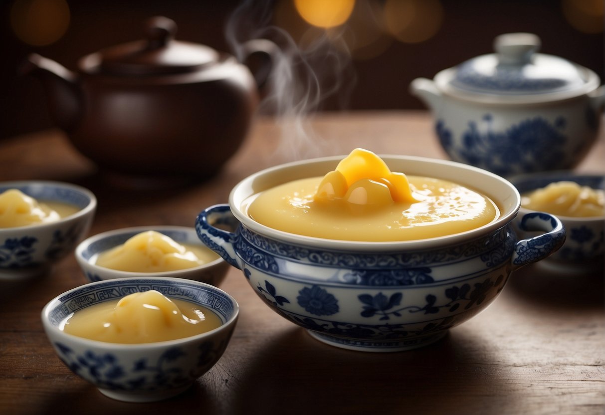 A steaming pot of silky Chinese custard, surrounded by traditional porcelain bowls and chopsticks on a wooden table