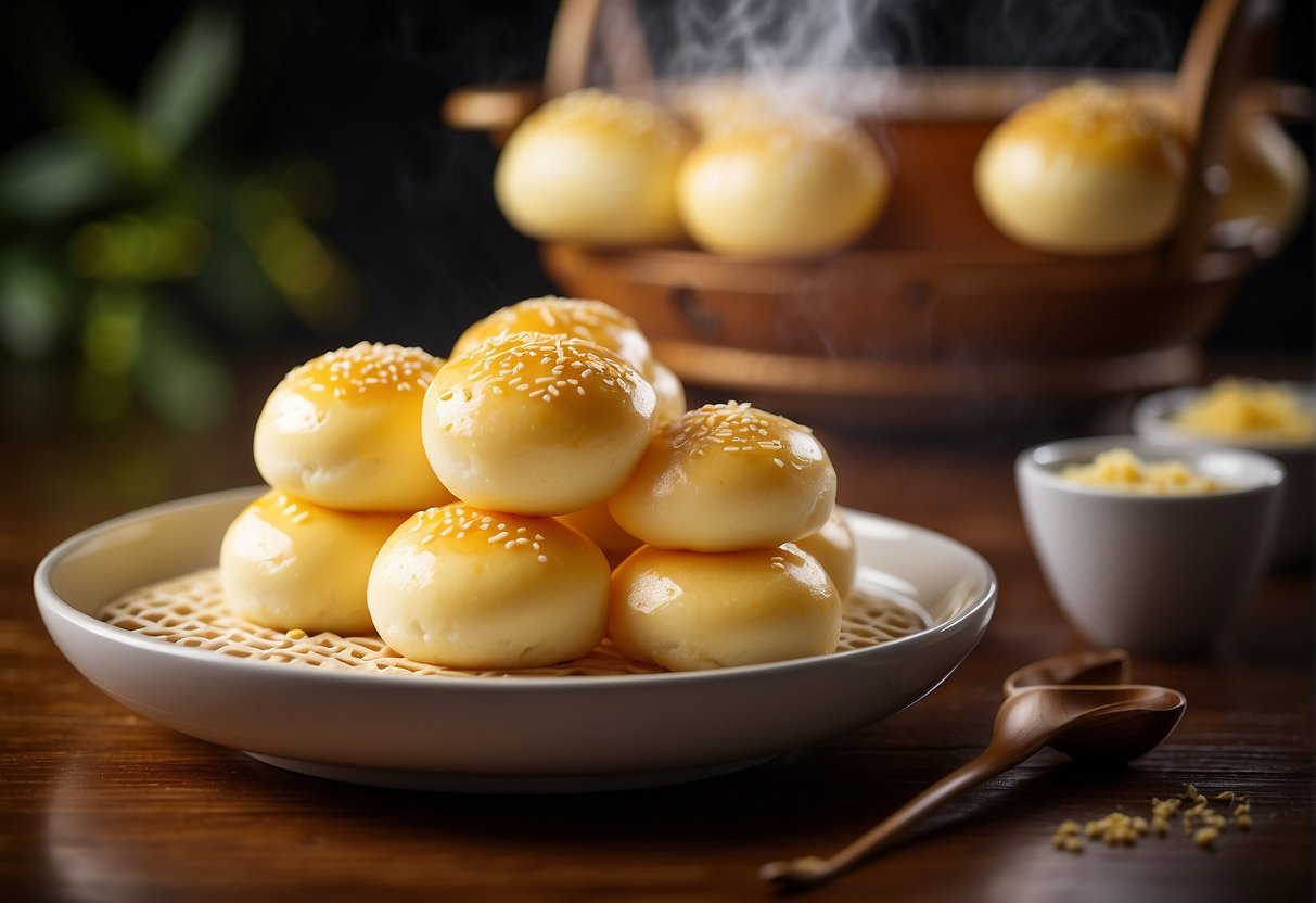 A steaming bamboo steamer filled with freshly made custard buns, with a golden, glossy exterior and a creamy, sweet custard filling oozing out