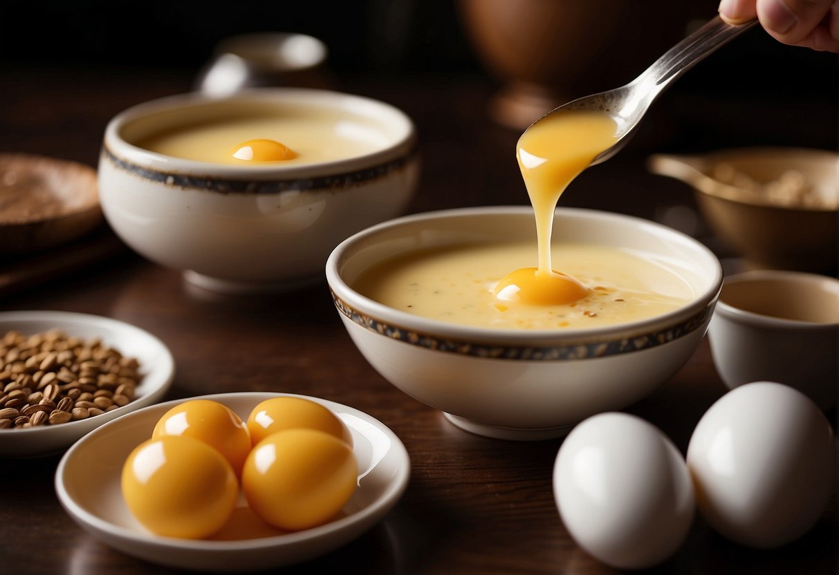 A bowl of custard mixture being poured into small ramekins, surrounded by traditional Chinese cooking utensils and ingredients like eggs, milk, and sugar