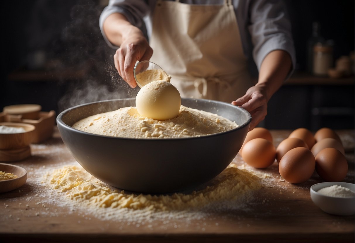 A pair of hands mixing flour, eggs, and sugar in a large bowl, creating a smooth dough for Chinese custard recipe