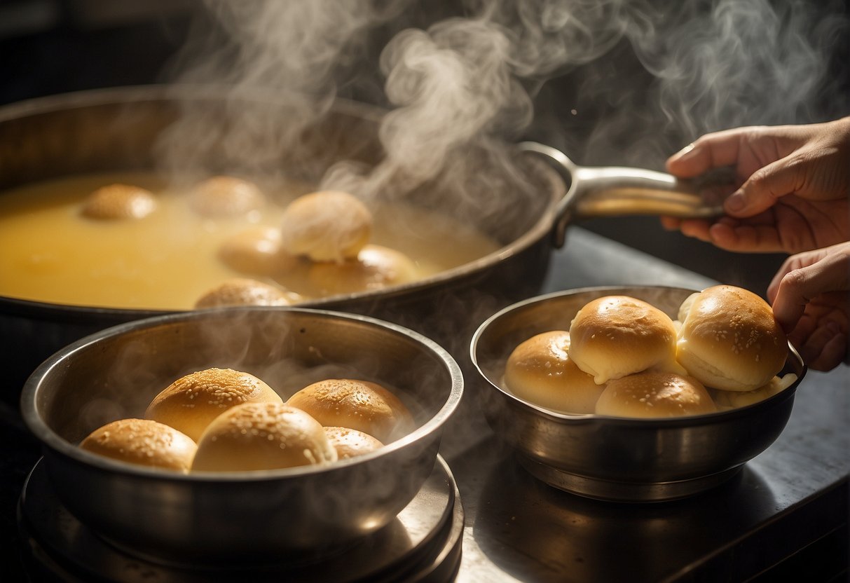 A pair of hands carefully filling soft, golden buns with creamy, sweet Chinese custard. Steam rising from the bamboo steamer, filling the kitchen with a tantalizing aroma