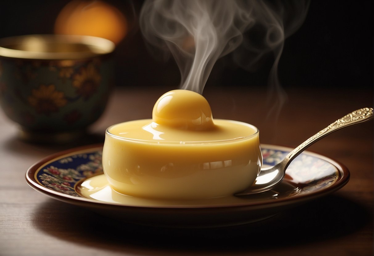 Steam rises from a dish of Chinese custard, served on a decorative plate with a spoon beside it. The custard is smooth and creamy, with a golden hue