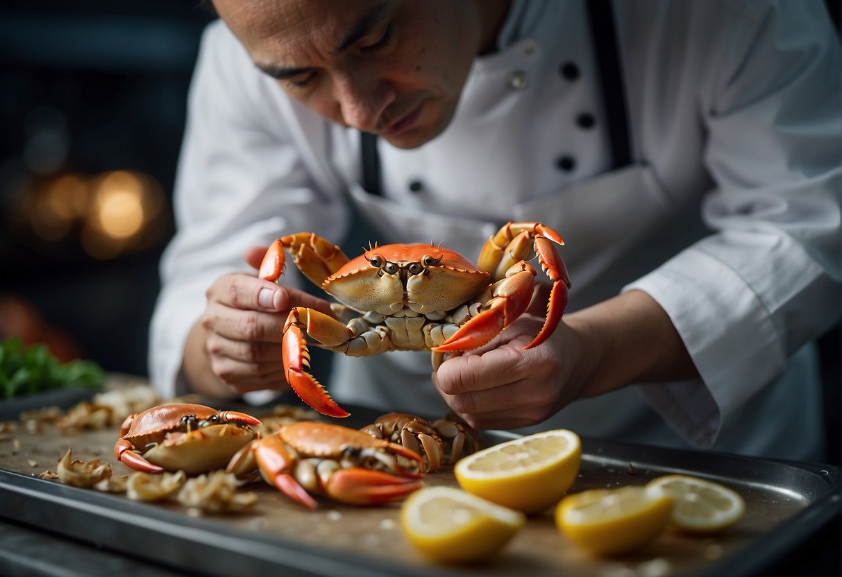 A chef carefully selects a live crab from a tank, preparing it for a Chinese deep-fried recipe. The crab's claws are bound, and it is placed on a cutting board