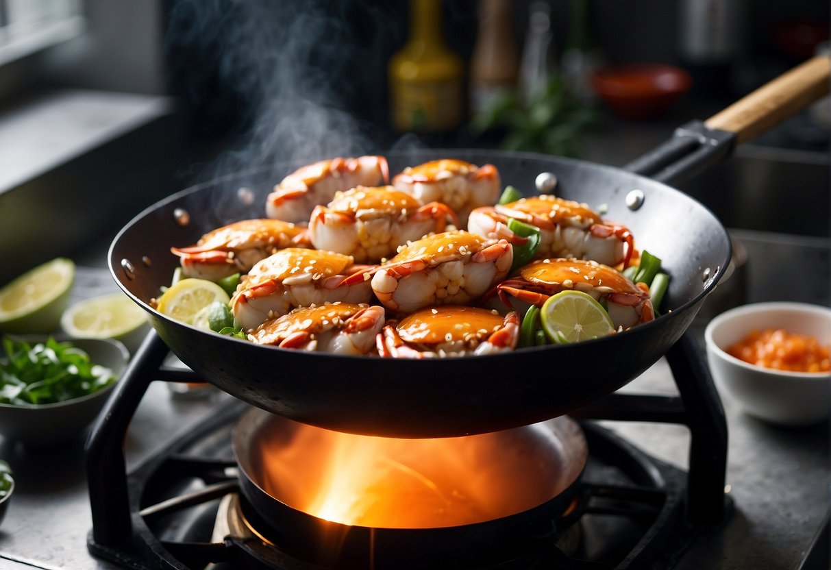 A wok sizzles with hot oil, ready for a whole crab to be dipped in batter and gently lowered in. Ingredients for the marinade and garnish sit neatly arranged on the counter