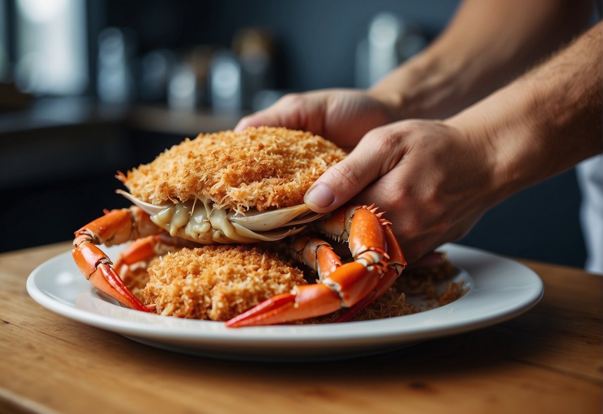 Crab being dipped in batter, then coated in breading, ready for deep frying