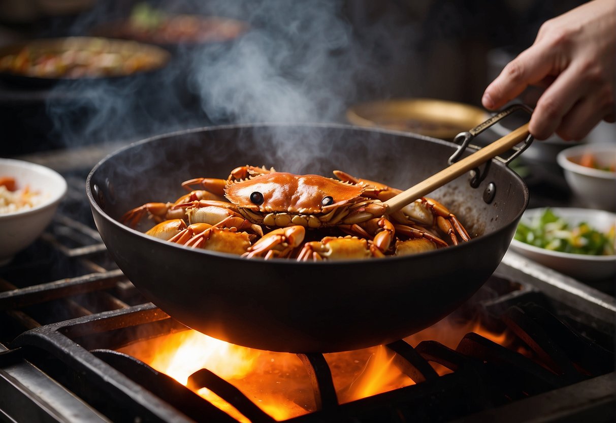 A wok sizzles with hot oil as a whole crab is lowered in, its shell turning golden as it cooks