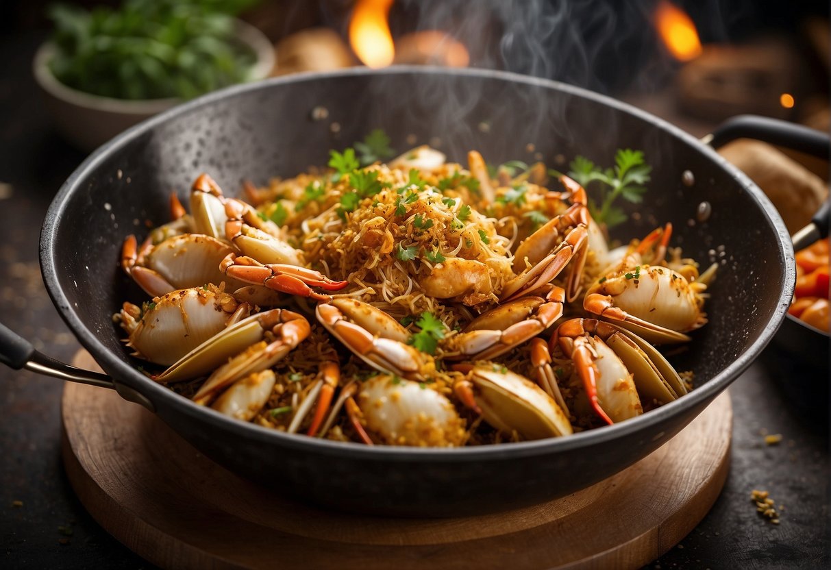 A sizzling wok of golden-brown crab shells, surrounded by aromatic spices and herbs, emitting a mouth-watering aroma