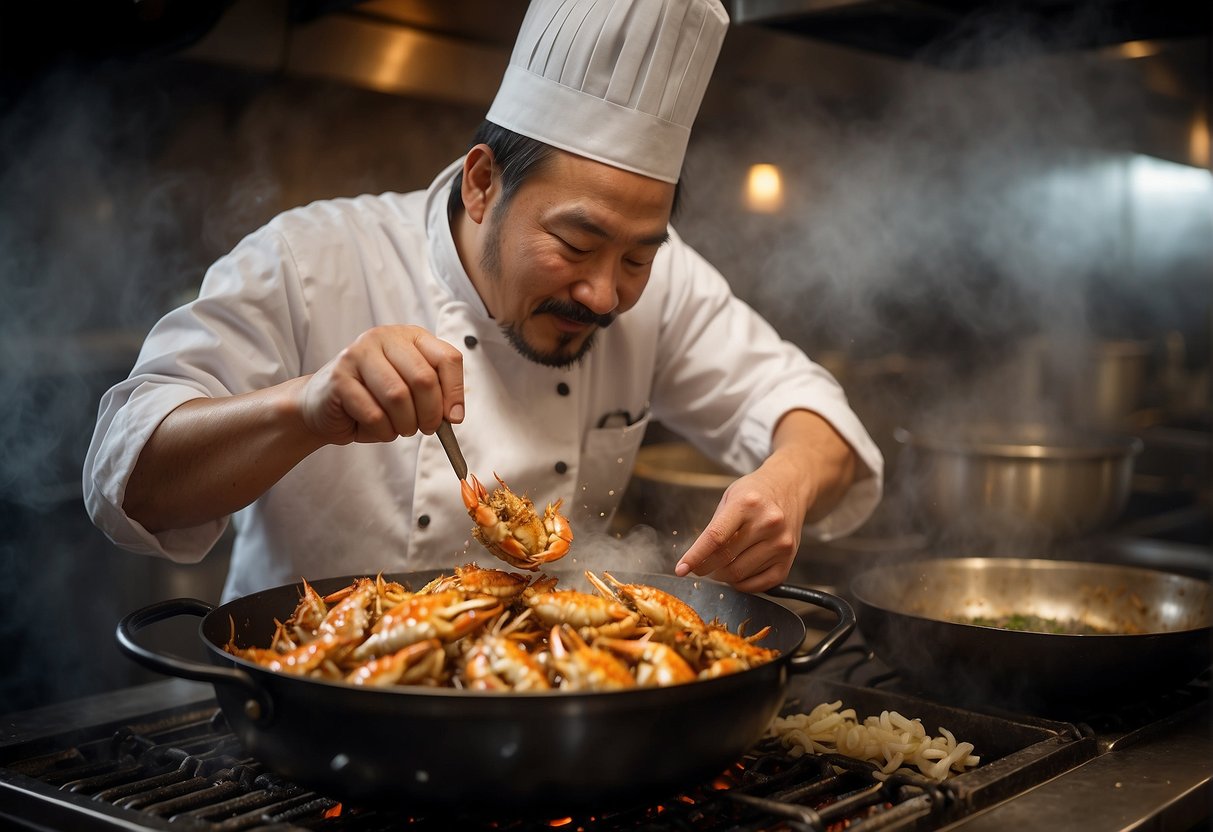 A chef expertly fries whole crabs in a wok, releasing a tantalizing aroma as the golden shells sizzle in bubbling oil