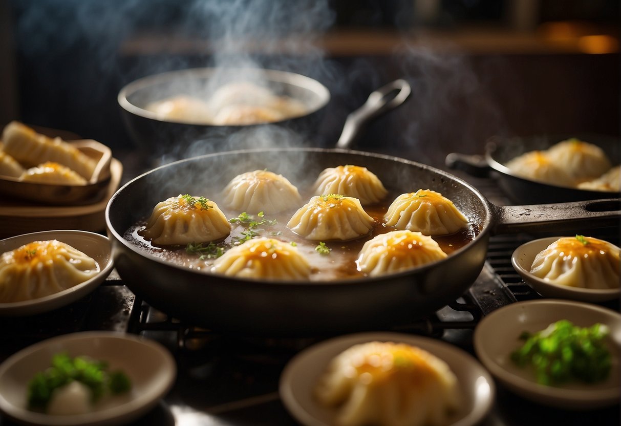 Golden brown dumplings sizzling in hot oil. Steam rising, crispy exterior, savory filling. Ingredients and utensils nearby