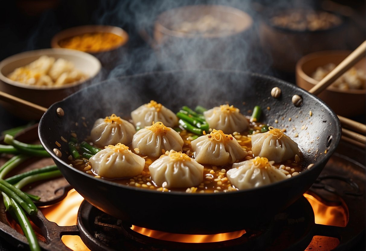 A wok sizzles as golden dumplings fry in hot oil. Surrounding ingredients like ginger and scallions hint at the rich cultural history of this traditional Chinese dish