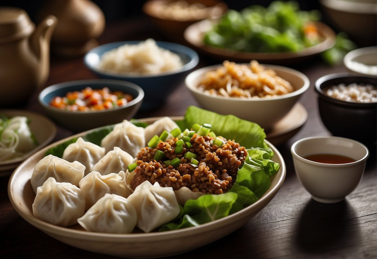 A table with a variety of fresh ingredients such as ground pork, green onions, ginger, and soy sauce, alongside a bowl of prepared dumpling filling and a plate of ready-to-fry dumpling wrappers
