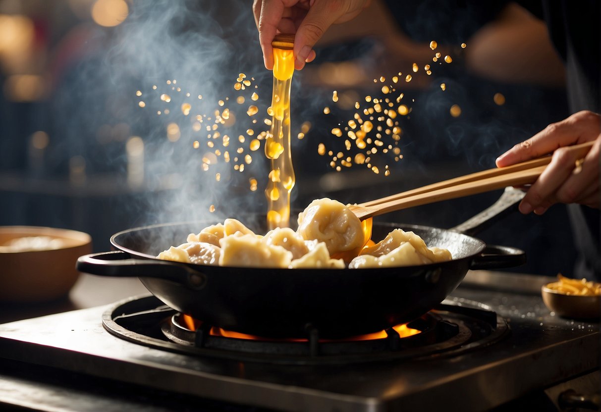 A wok sizzles with hot oil as dumplings are dropped in, creating golden bubbles