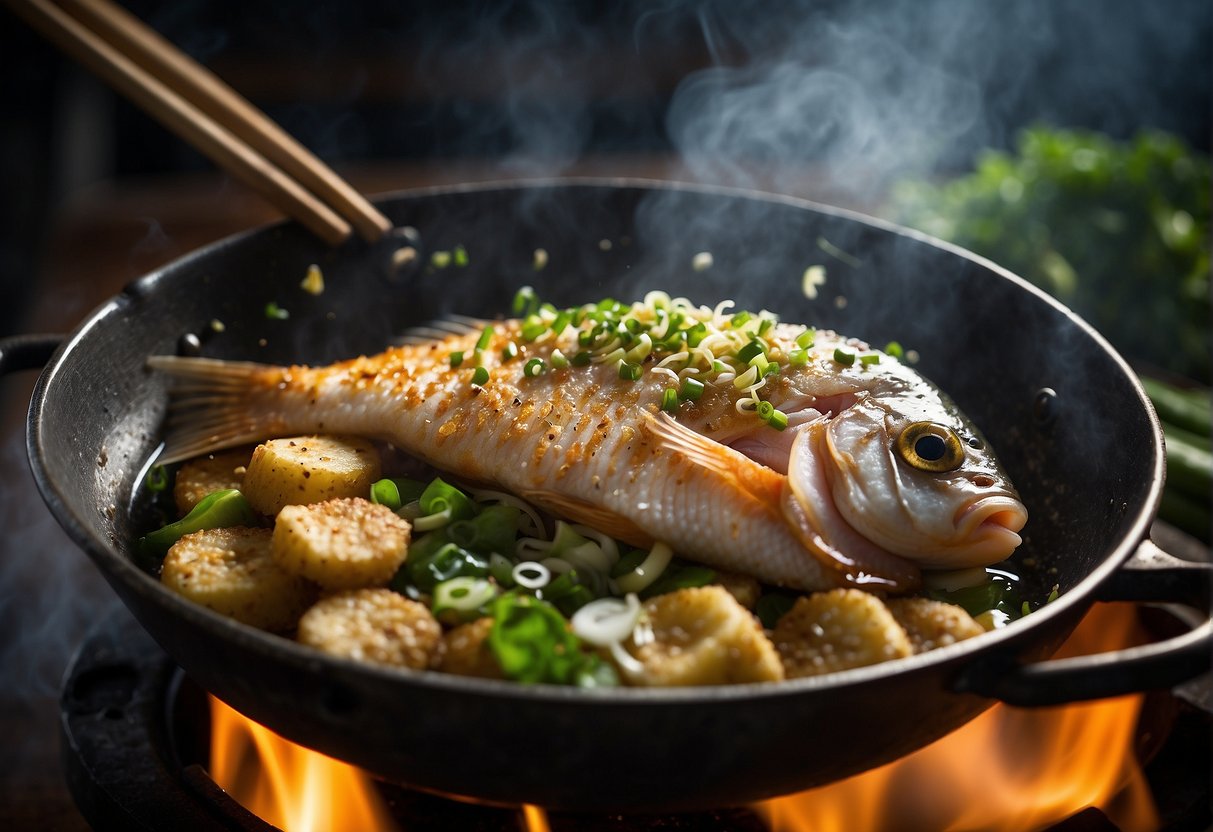 A whole fish being deep-fried in a wok with bubbling hot oil, surrounded by sizzling and aromatic seasonings like ginger, garlic, and green onions