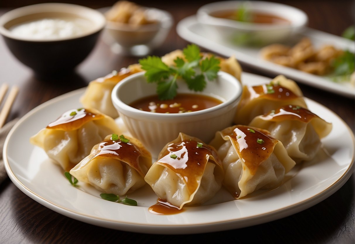 Golden brown dumplings arranged on a white platter with a side of dipping sauce