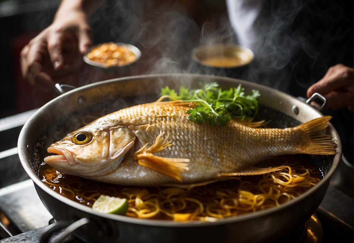 A golden, crispy whole fish is being carefully lifted out of a bubbling wok, surrounded by fragrant aromas of ginger, garlic, and soy sauce