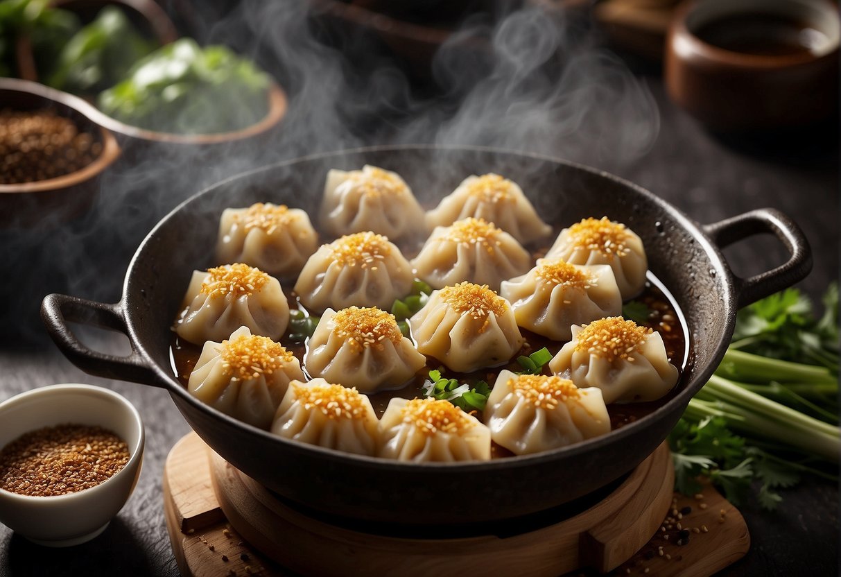 A sizzling wok of golden brown dumplings, steam rising, with a side of tangy dipping sauce and a sprinkle of sesame seeds