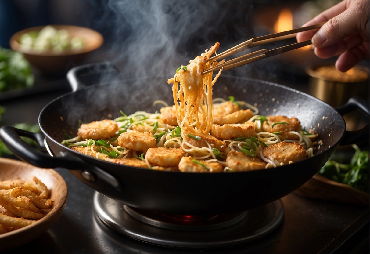 A wok sizzles with hot oil as whitebait is dipped in batter and deep-fried to a golden crisp. The aroma of the crispy, savory snack fills the air