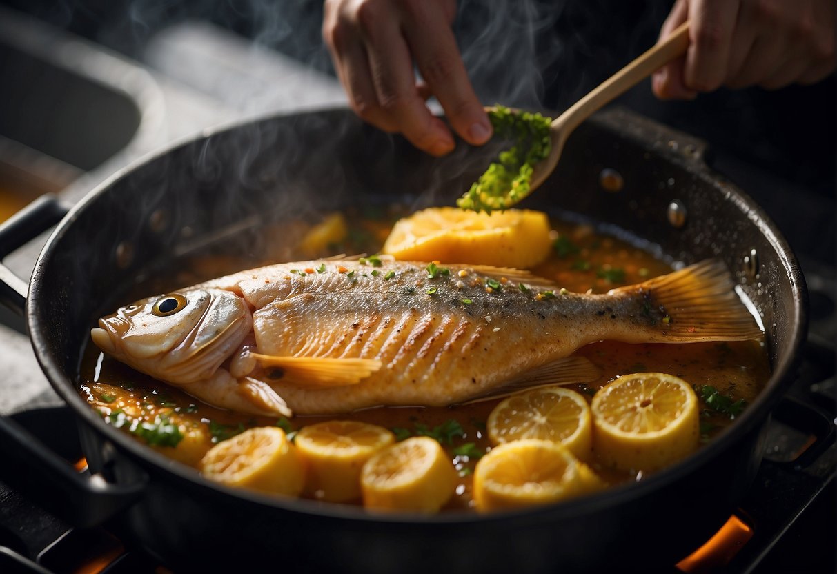 A whole fish is being coated in a seasoned batter, then lowered into a pot of sizzling hot oil