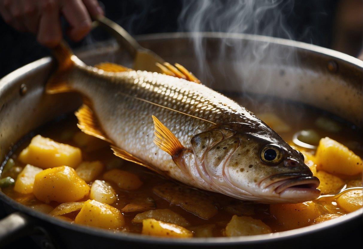 A whole fish is submerged in bubbling hot oil, sizzling and turning golden brown. The chef uses a slotted spoon to carefully flip the fish for even frying