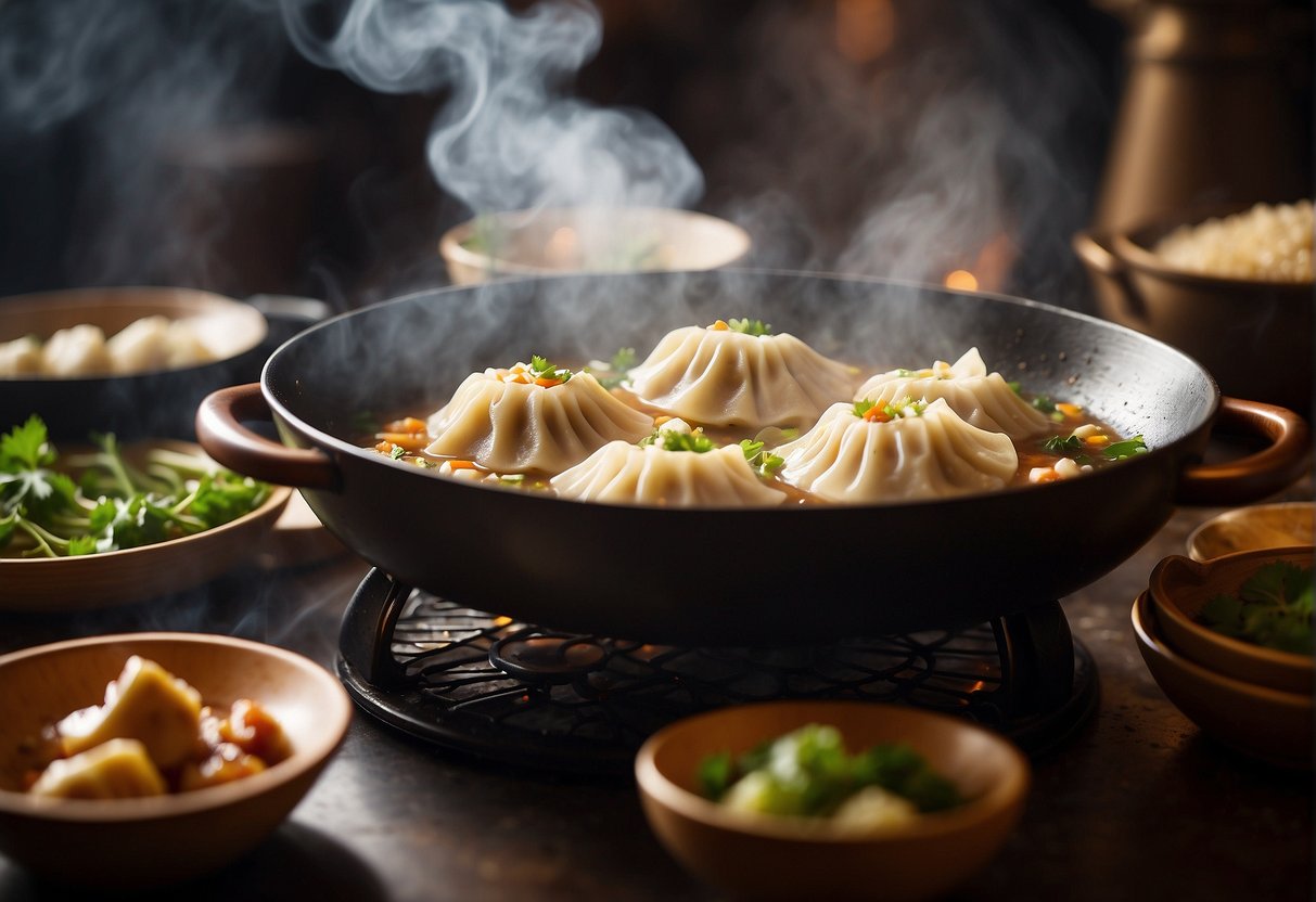 A sizzling wok of golden-brown dumplings, steam rising, surrounded by traditional Chinese cooking ingredients and utensils