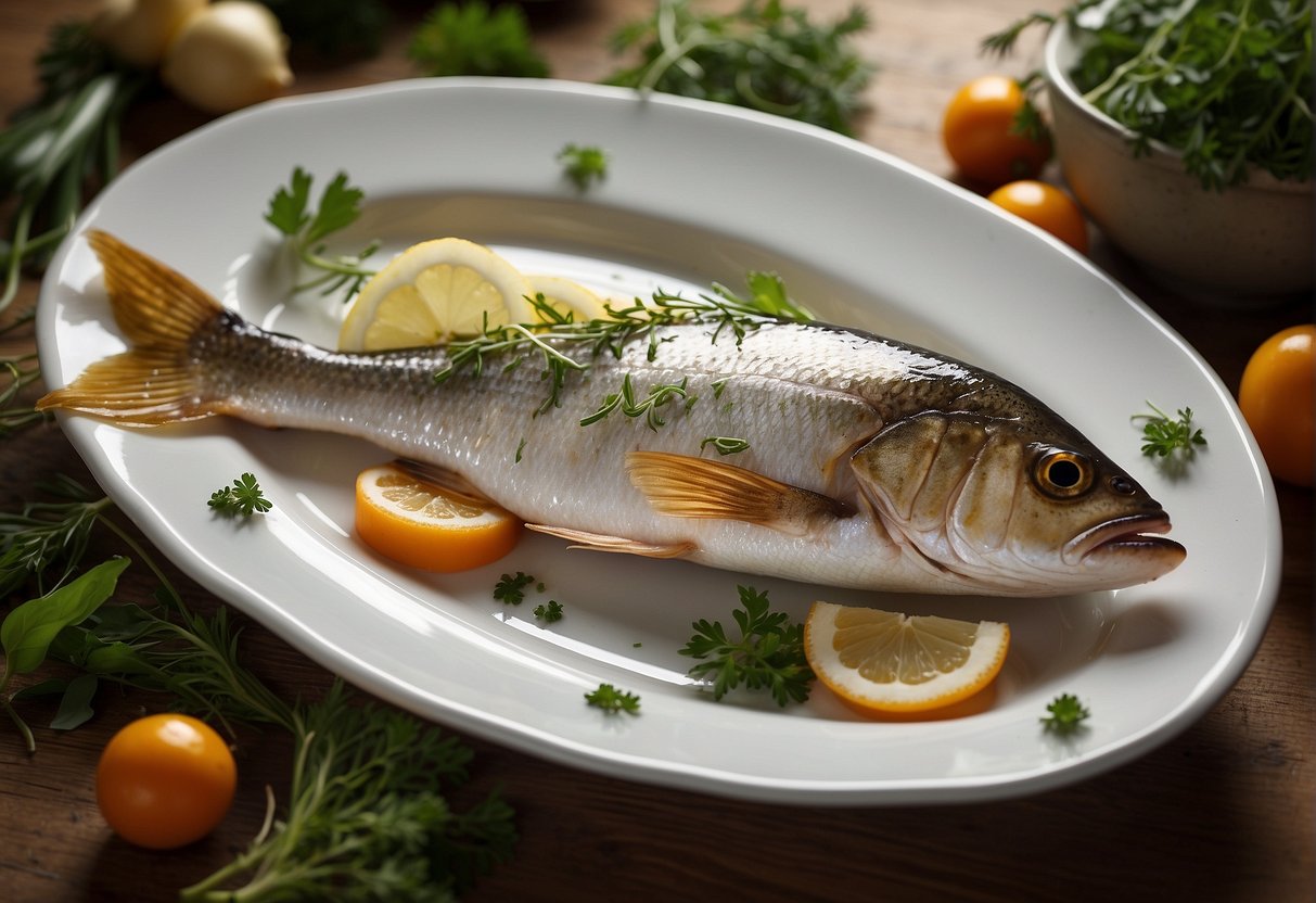 A golden-brown whole fish, garnished with fresh herbs and sliced vegetables, is elegantly arranged on a white platter