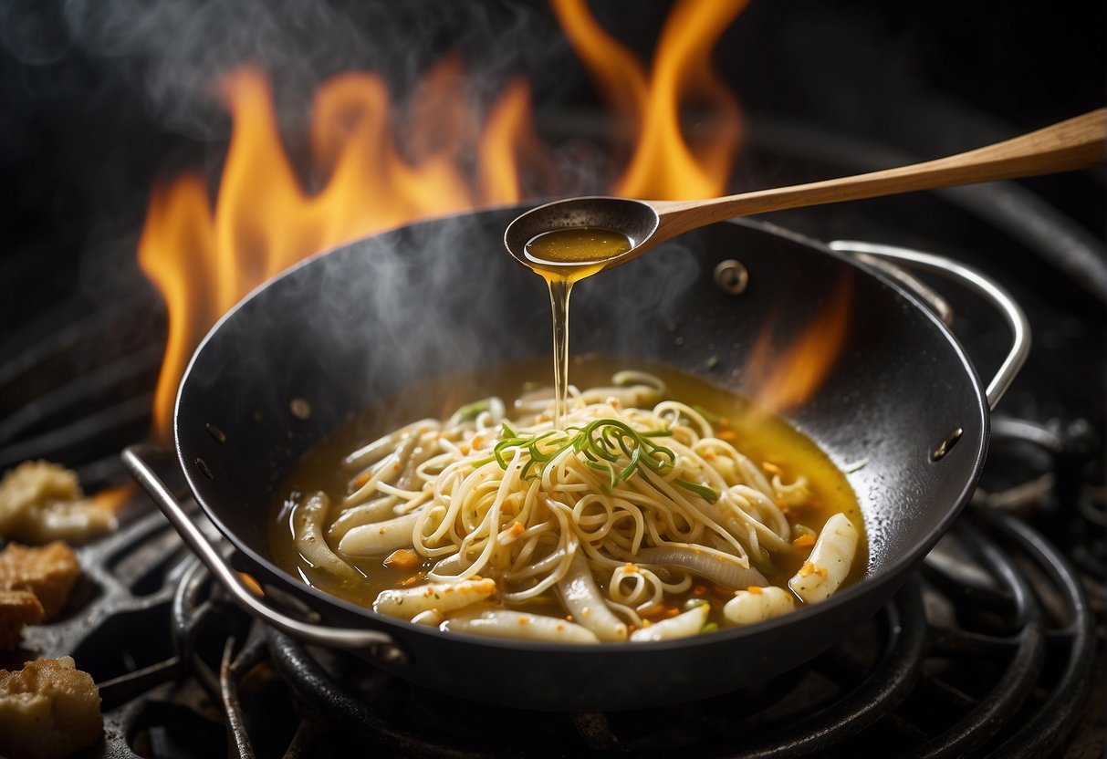 A wok sizzles with hot oil, as delicate whitebait are gently lowered in, creating a golden, crispy texture. A slotted spoon hovers nearby, ready to scoop them out