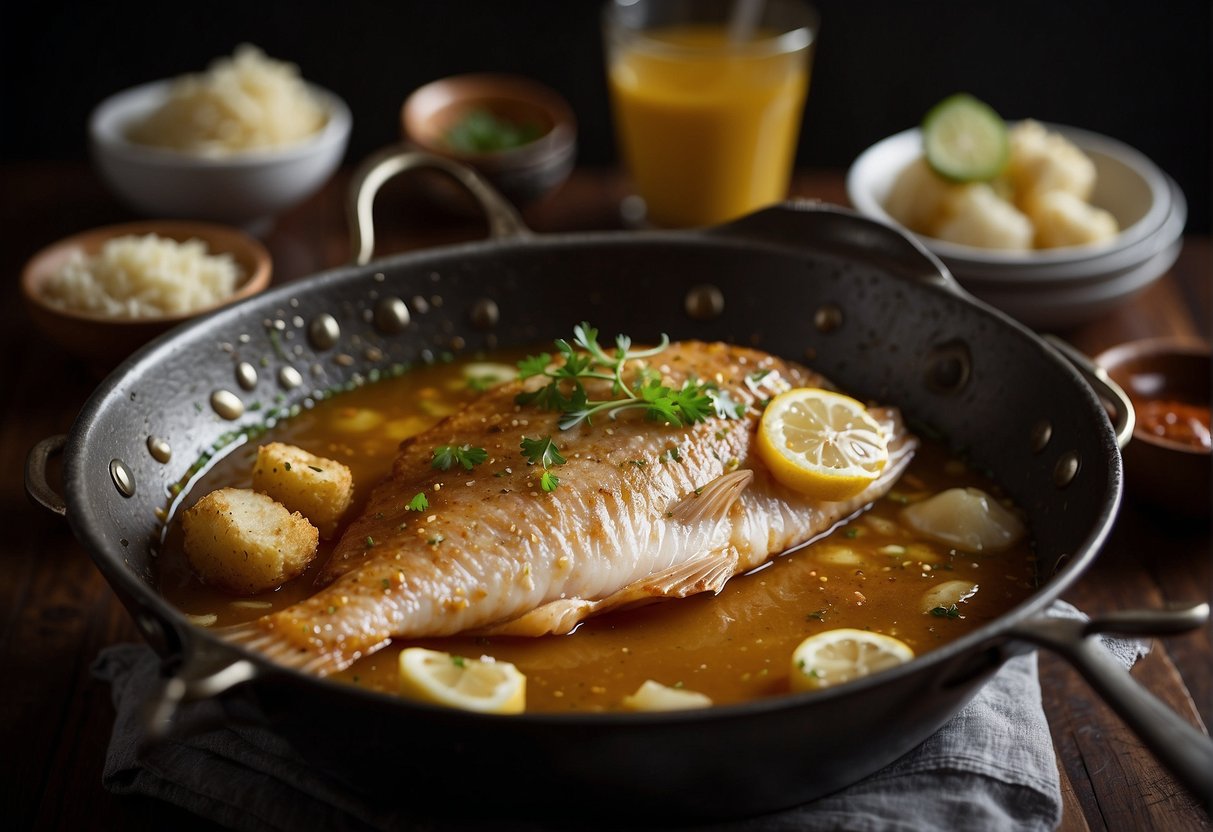 A whole fish being dipped in a seasoned batter, then carefully lowered into a sizzling wok of hot oil. The fish fries until golden brown, then is lifted out and placed on a paper towel to drain