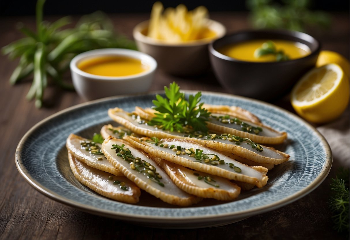 Golden whitebait arranged on a decorative plate with a side of dipping sauce, garnished with fresh herbs and lemon wedges