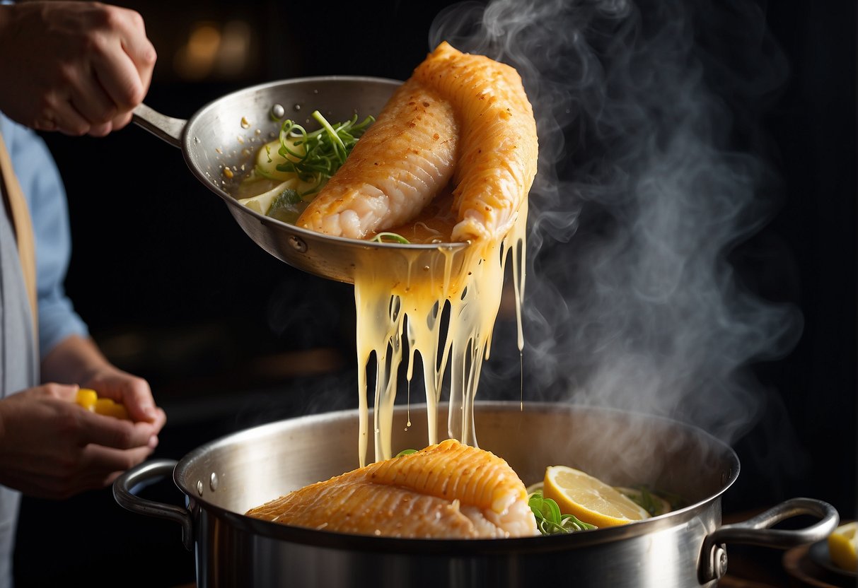 A whole fish being dipped in batter, then lowered into a sizzling wok of hot oil. Steam rising, golden brown fish emerging