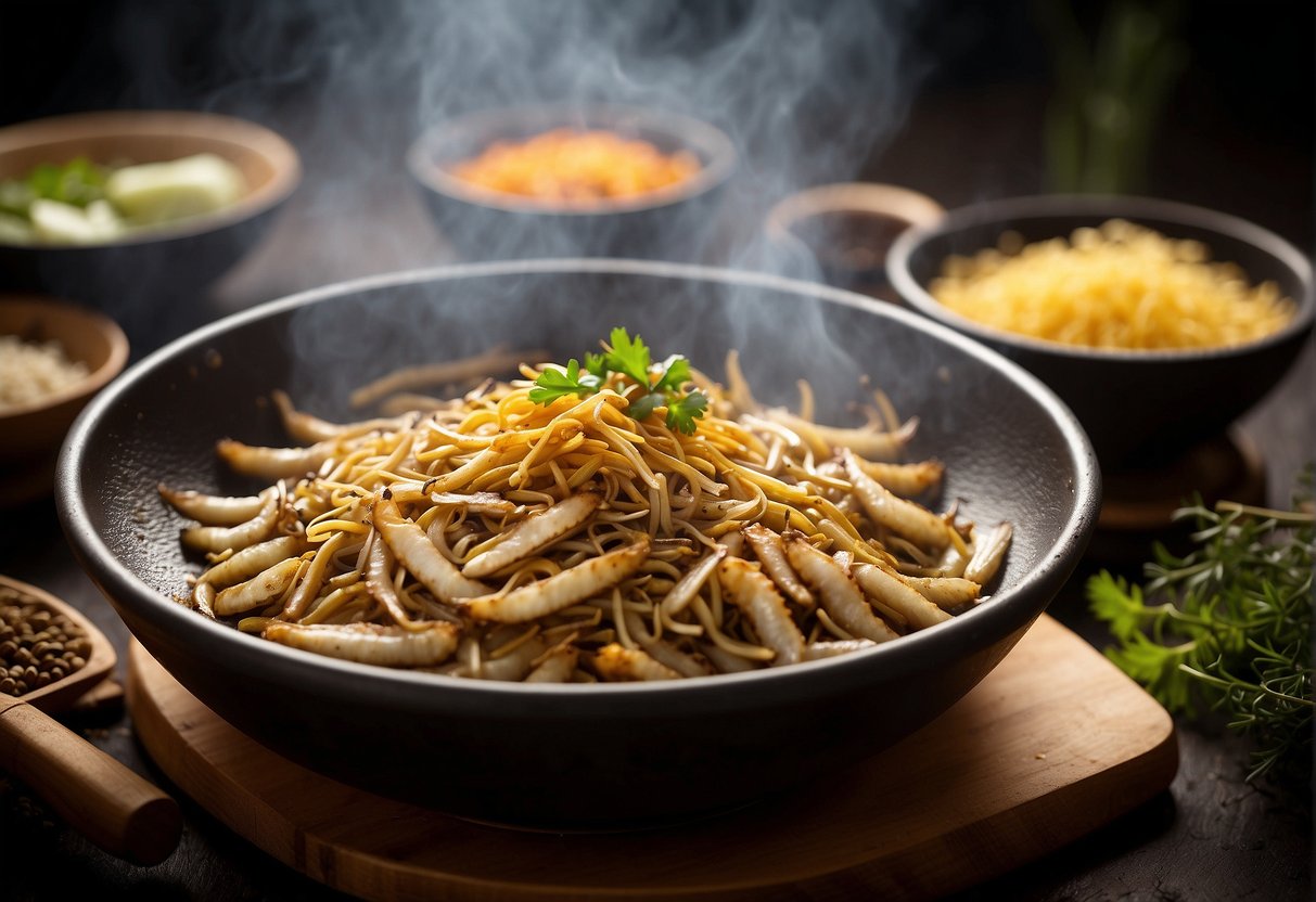 A sizzling wok filled with golden, crispy whitebait, surrounded by traditional Chinese spices and herbs, ready to be served as a delicious and popular dish