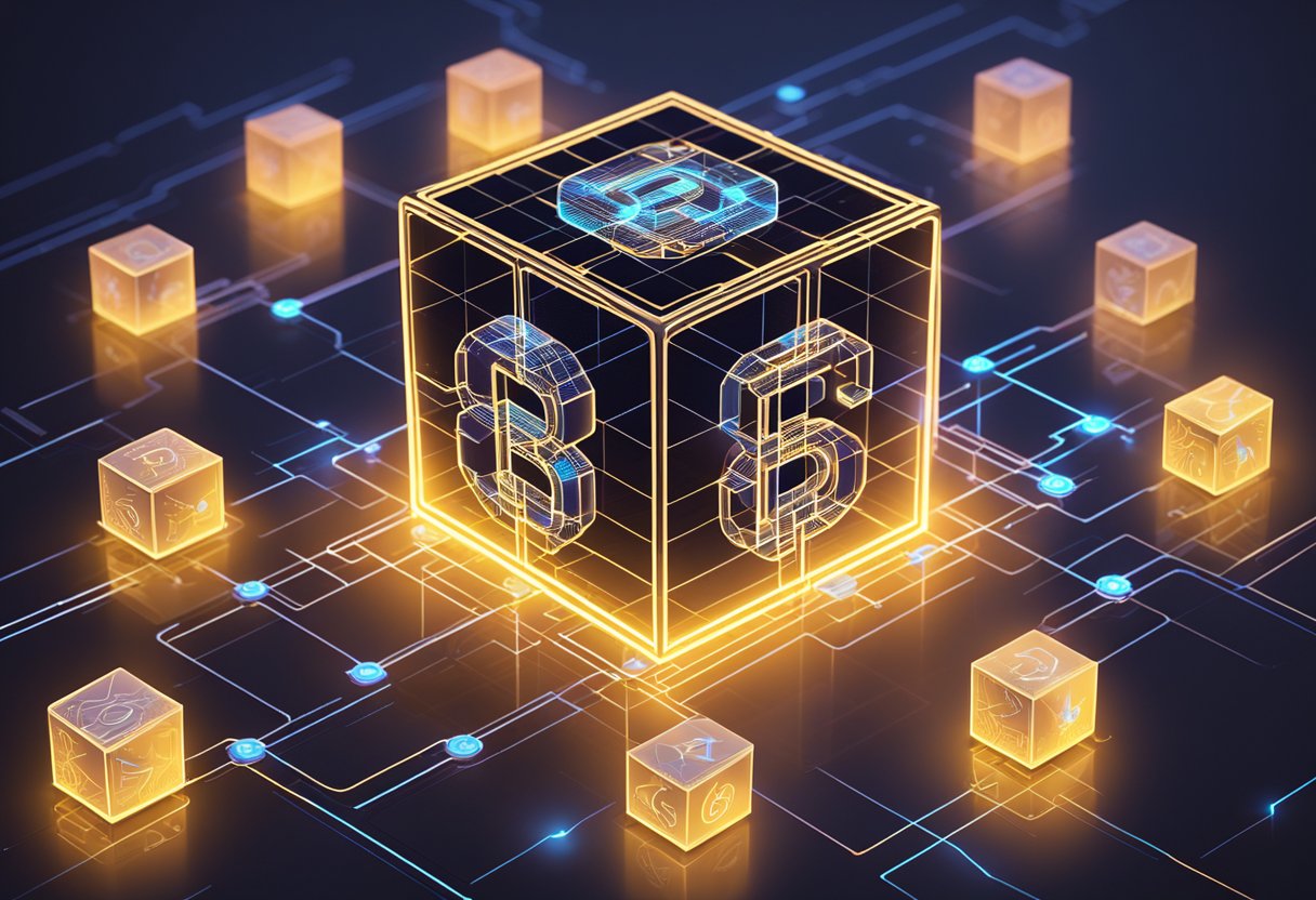 A glowing cube surrounded by digital currency symbols, with a blockchain network in the background