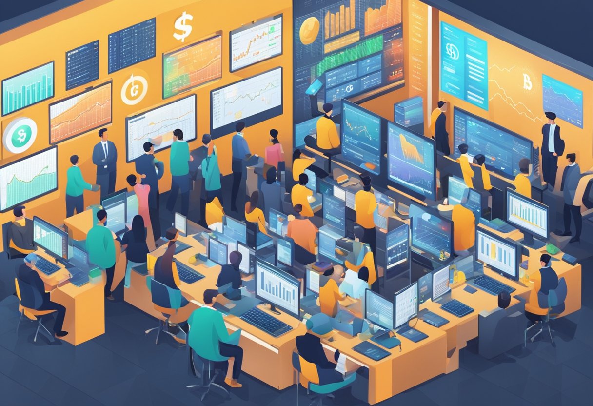 A bustling market with digital currency symbols, charts, and graphs on display. Traders analyzing data and making transactions