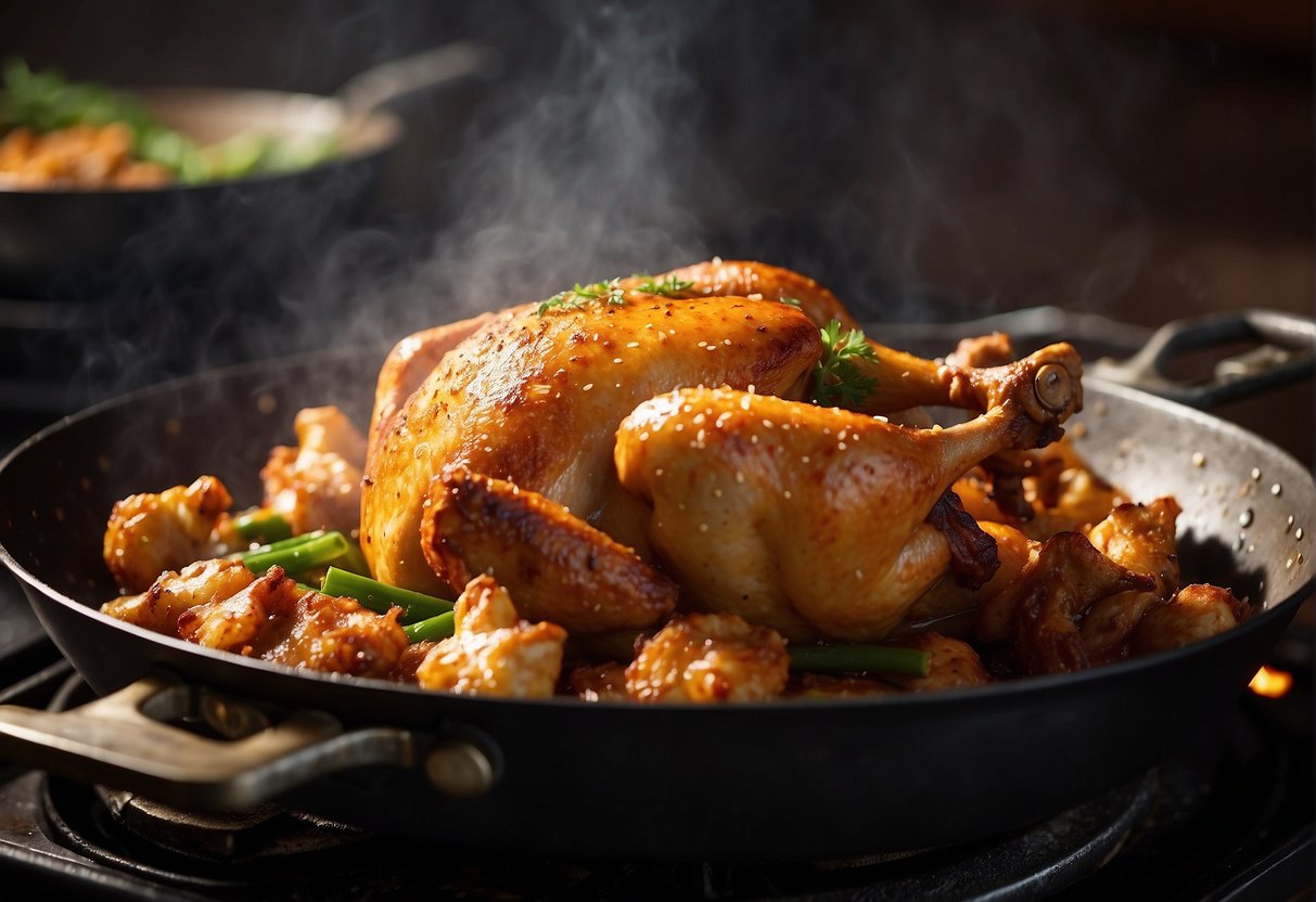 A whole chicken being deep fried in a wok filled with sizzling hot oil. The chicken is golden brown and crispy, with bubbles forming around it