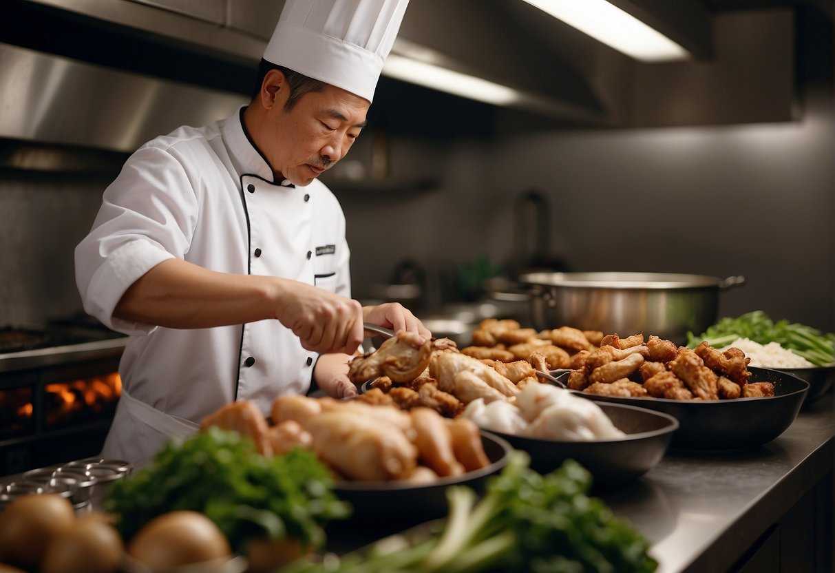 A chef carefully selects fresh whole chicken, ginger, garlic, soy sauce, and spices for the Chinese deep-fried recipe