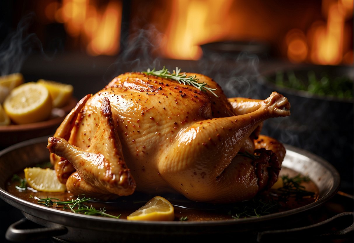 A whole chicken is submerged in hot oil, sizzling and turning golden brown. Steam rises as the chicken cooks, creating a crispy outer layer