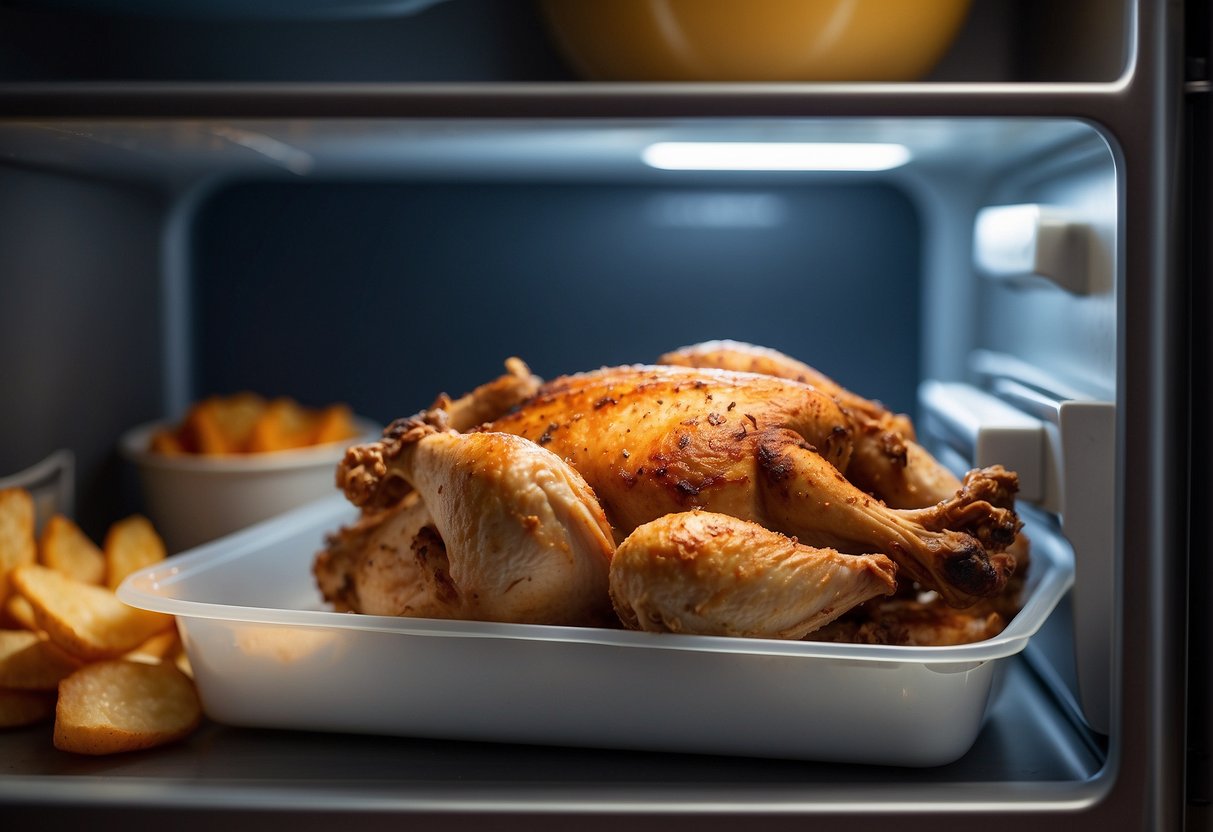 A container of leftover deep-fried whole chicken sits in the refrigerator. A microwave nearby is set to reheat the meal