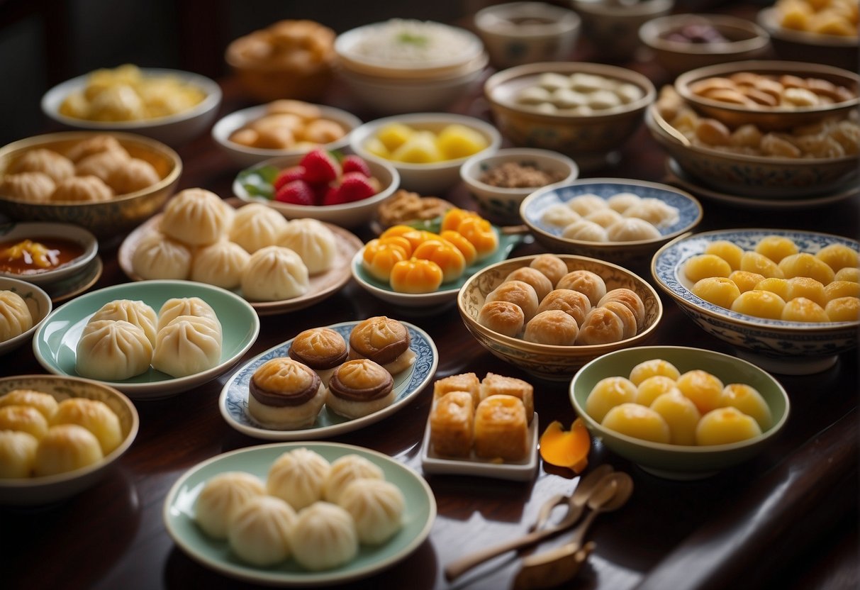 A table filled with various colorful Chinese desserts, including sweet soups, dumplings, and pastries, arranged neatly on decorative plates and bowls
