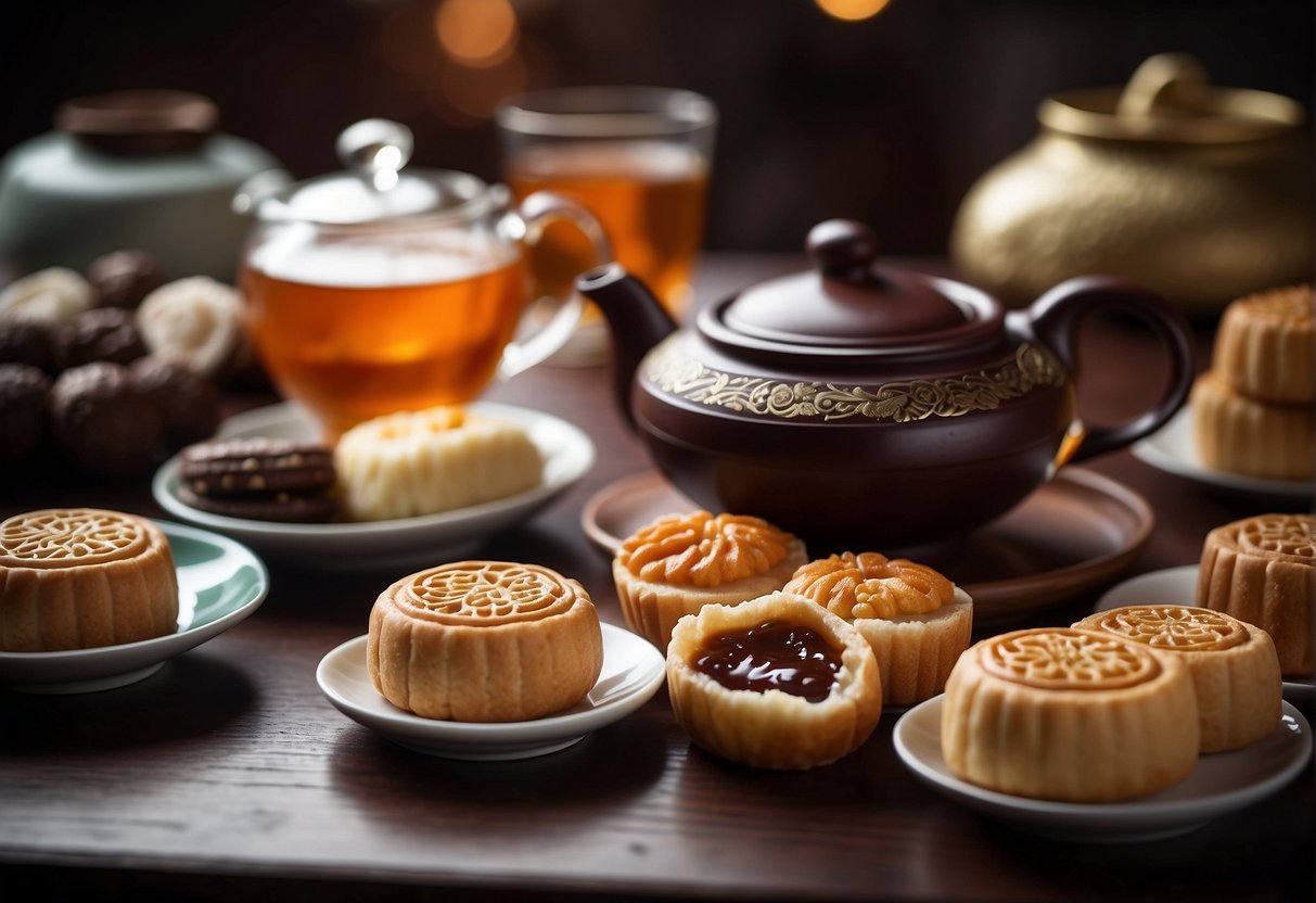 A table set with various traditional Chinese desserts, including mooncakes, red bean buns, and sesame balls. Teapot and cups nearby