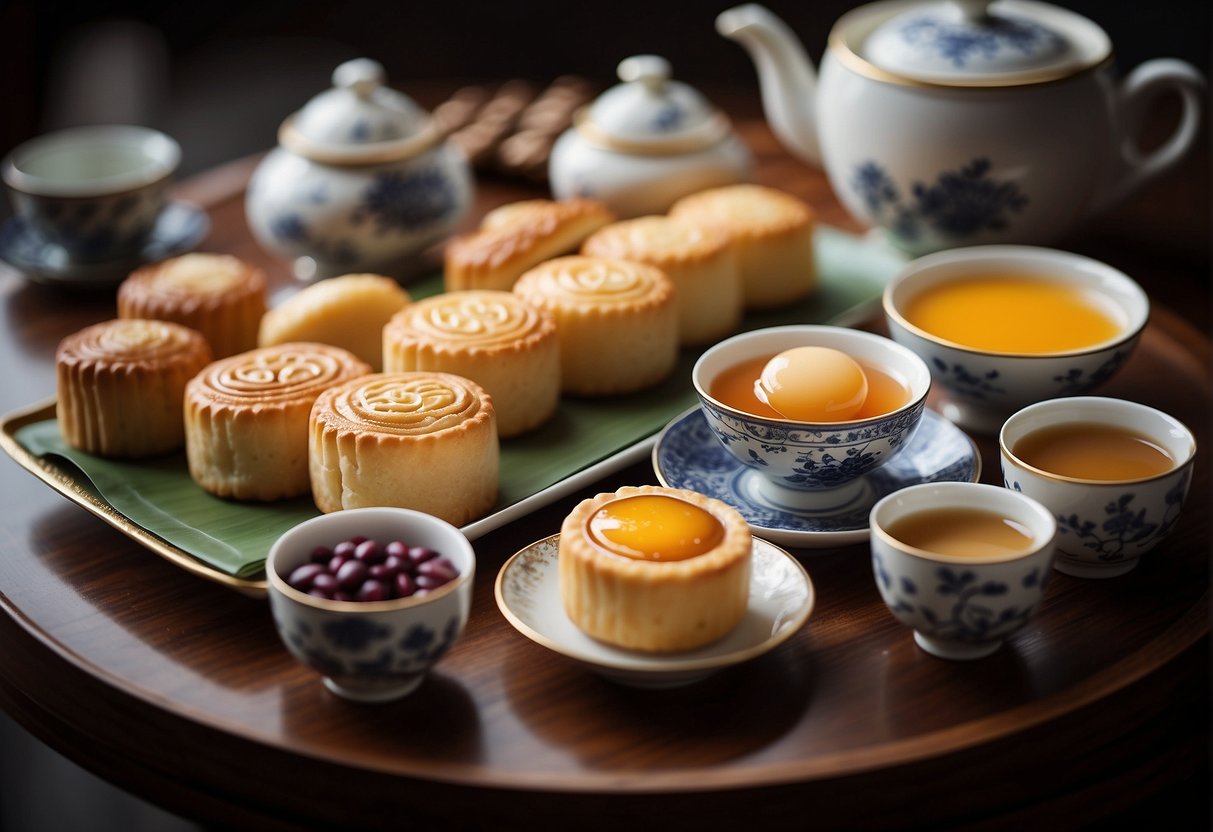 A table set with traditional Chinese desserts, including mooncakes, red bean buns, and egg tarts, surrounded by teapots and delicate porcelain dishes