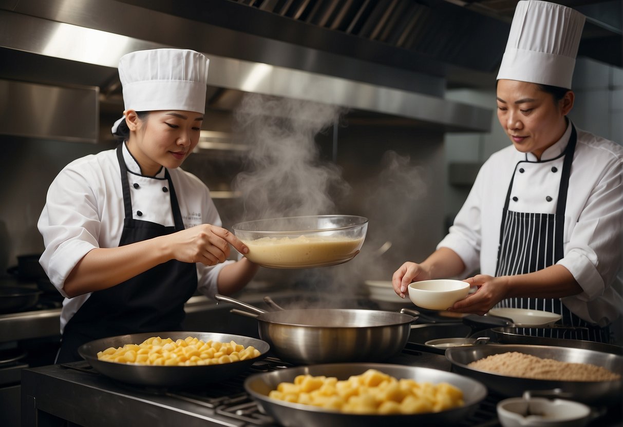 A chef mixes ingredients for Chinese dessert, while another prepares to steam a batch