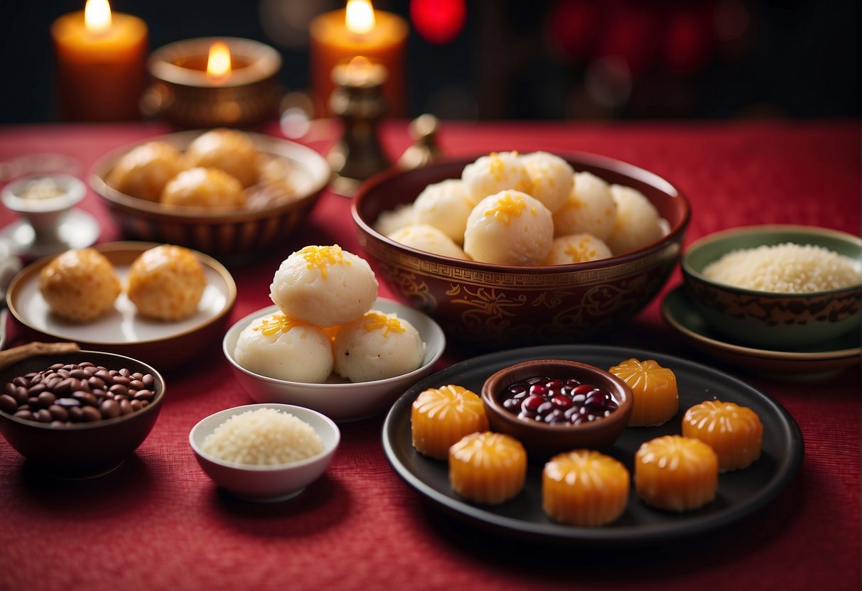 A table adorned with traditional Chinese dessert recipes for Chinese New Year, including sweet rice cakes, red bean soup, and sesame balls