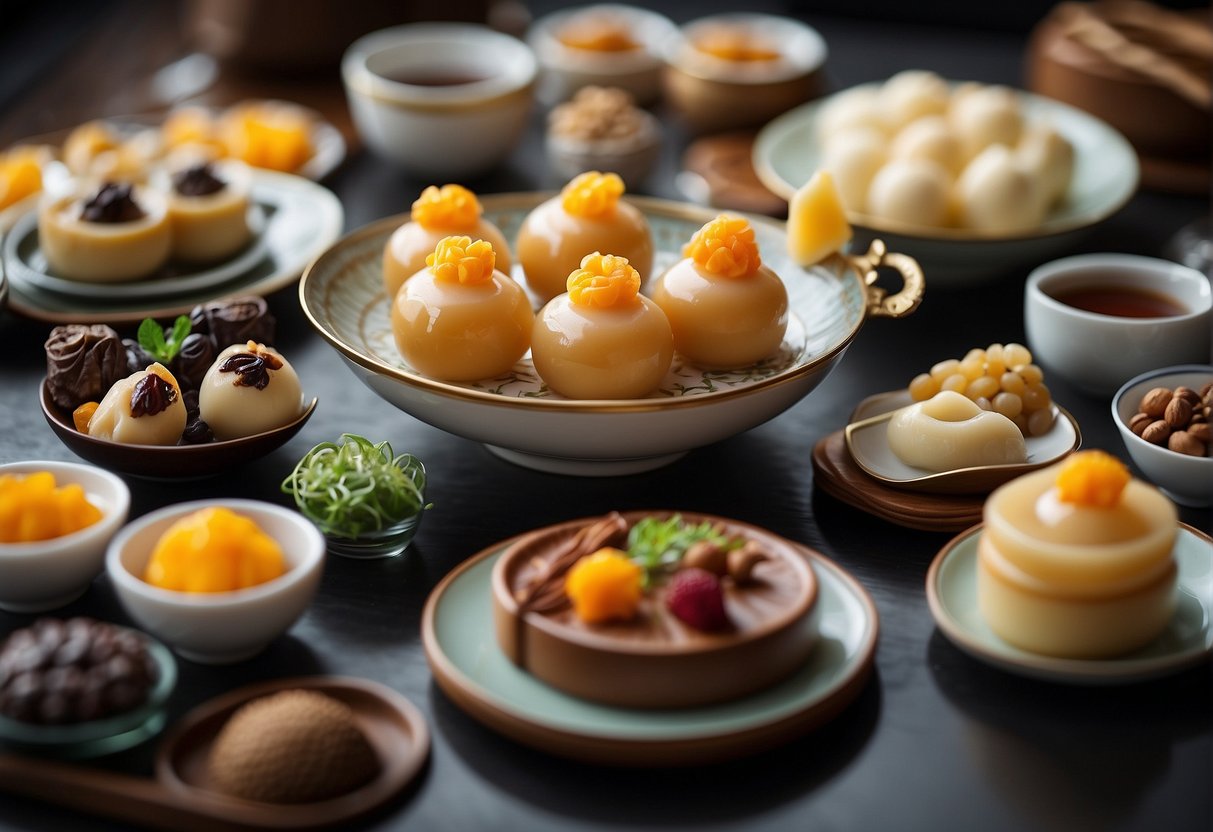 A table set with a variety of Chinese dessert dishes, arranged neatly with decorative garnishes and serving utensils