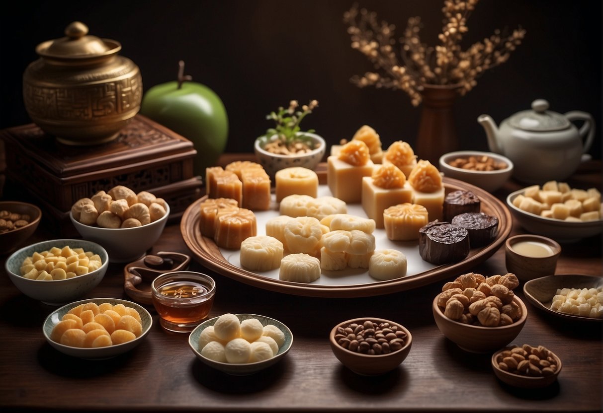 A table filled with various traditional Chinese dessert ingredients and utensils, with a cookbook open to the "Frequently Asked Questions" section on Chinese dessert recipes