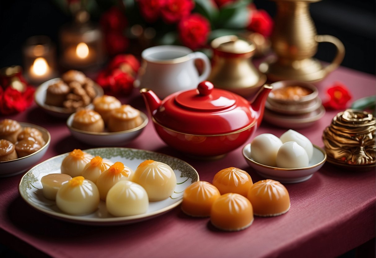 A table adorned with traditional Chinese New Year desserts, including tangyuan, nian gao, and fa gao, symbolizing unity, prosperity, and good fortune