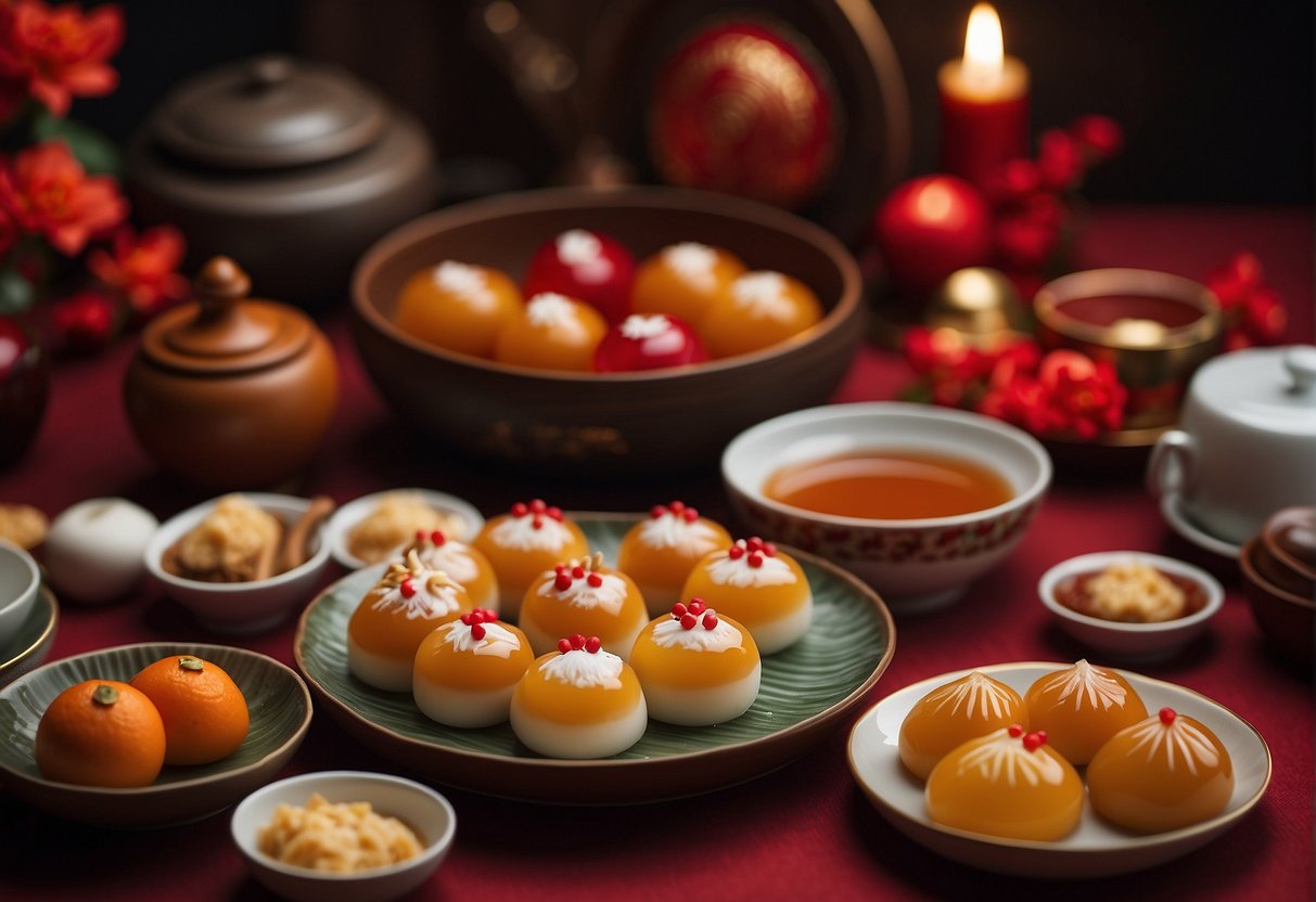 A table adorned with traditional Chinese New Year desserts, including tangyuan, nian gao, and fa gao, surrounded by festive red decorations
