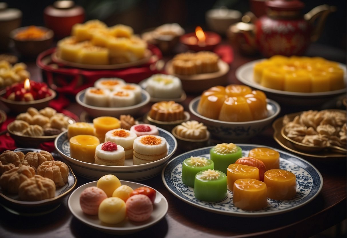 A table filled with colorful and intricate Chinese desserts, showcasing a variety of flavors and textures for the upcoming Chinese New Year celebration