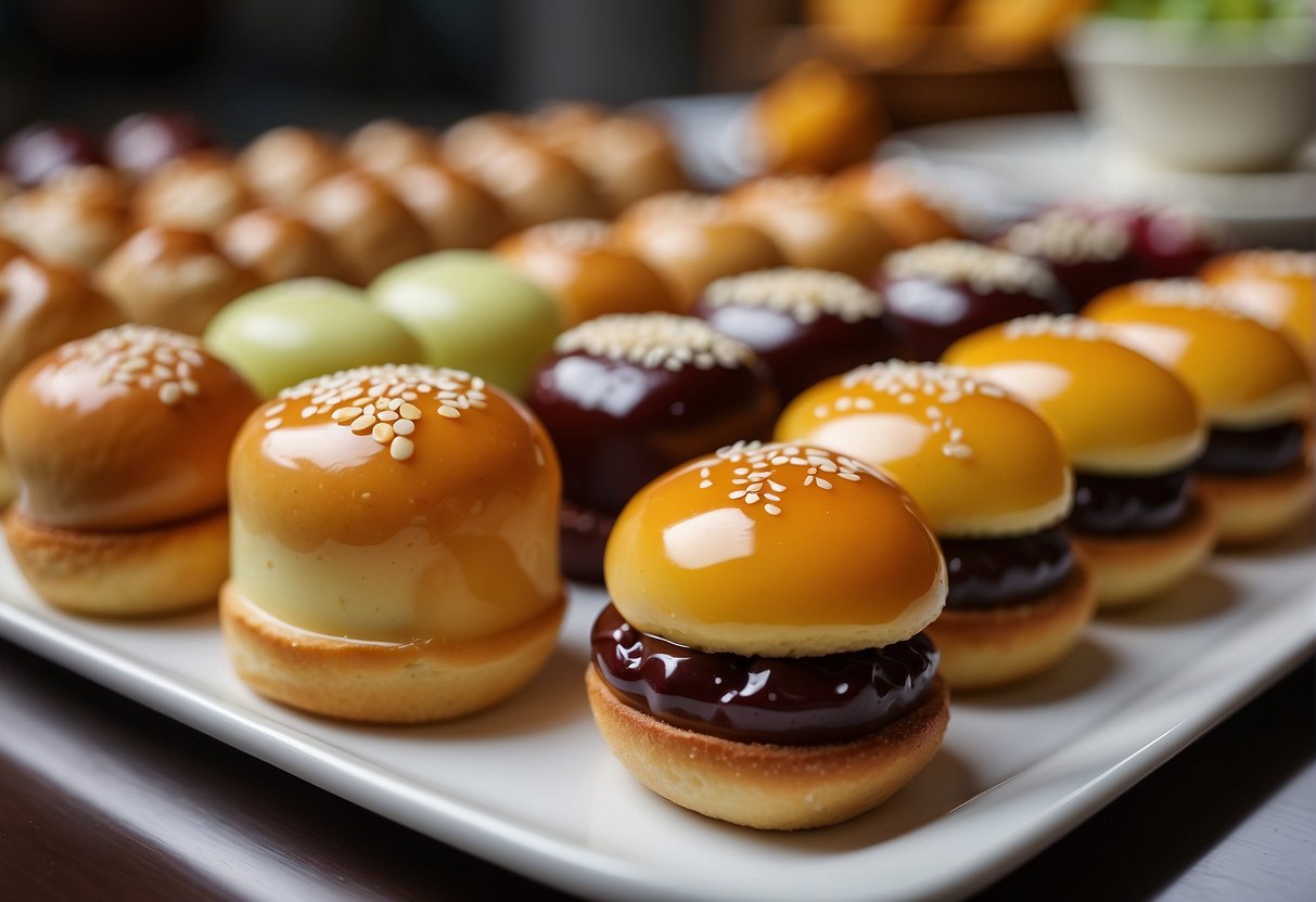A table filled with colorful Chinese desserts in Singapore. Red bean buns, mango pudding, and egg tarts are neatly arranged on porcelain plates