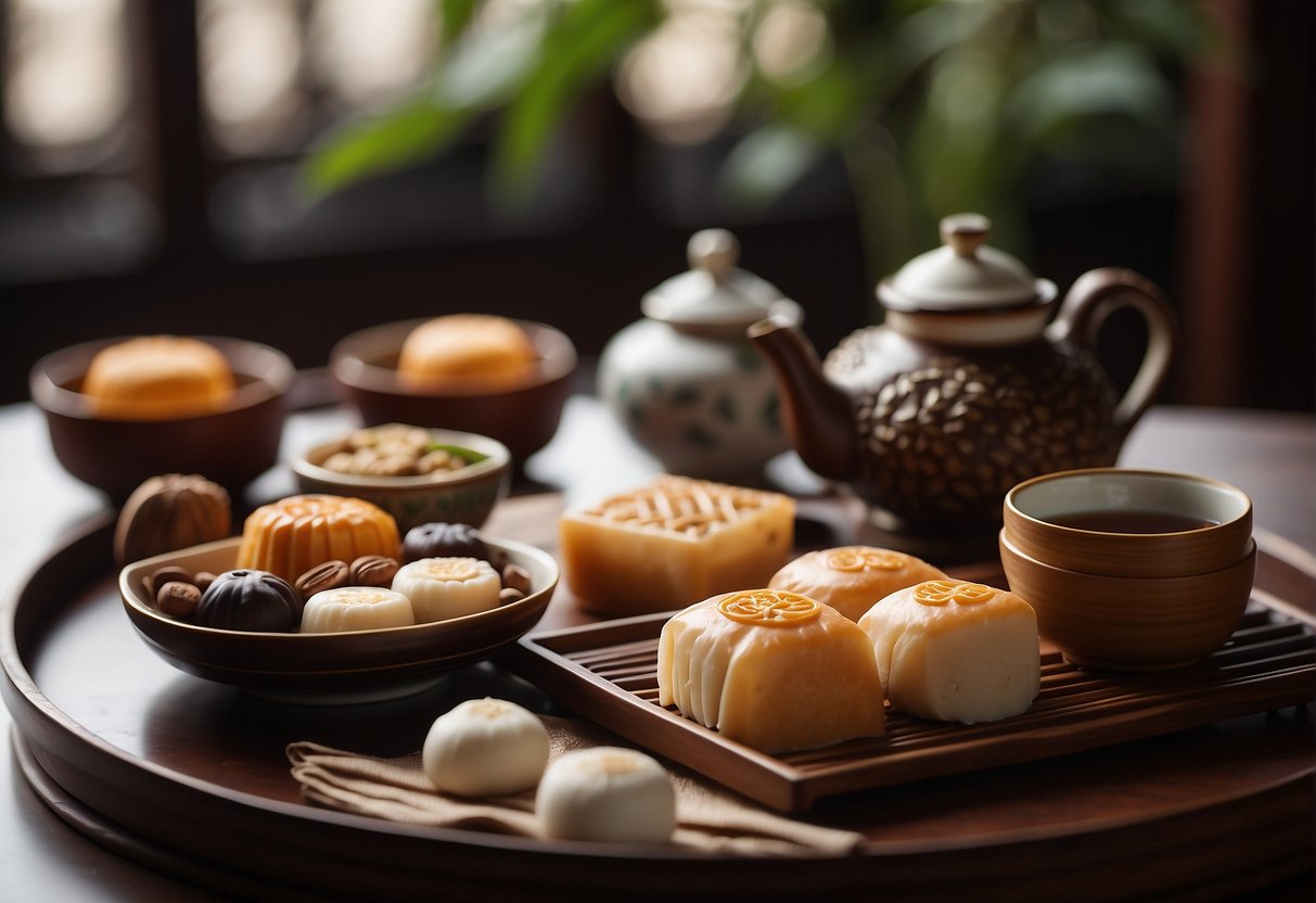 A table adorned with various traditional Chinese desserts, including mooncakes, tangyuan, and red bean buns, is set against a backdrop of intricate Chinese tea sets and delicate bamboo steamers