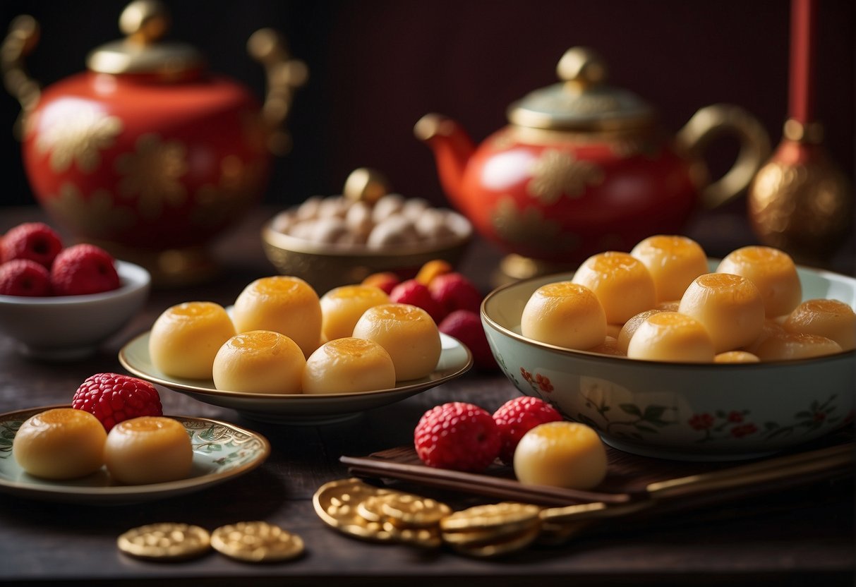 A table set with modernized Chinese desserts for Chinese New Year, featuring traditional ingredients with a contemporary twist