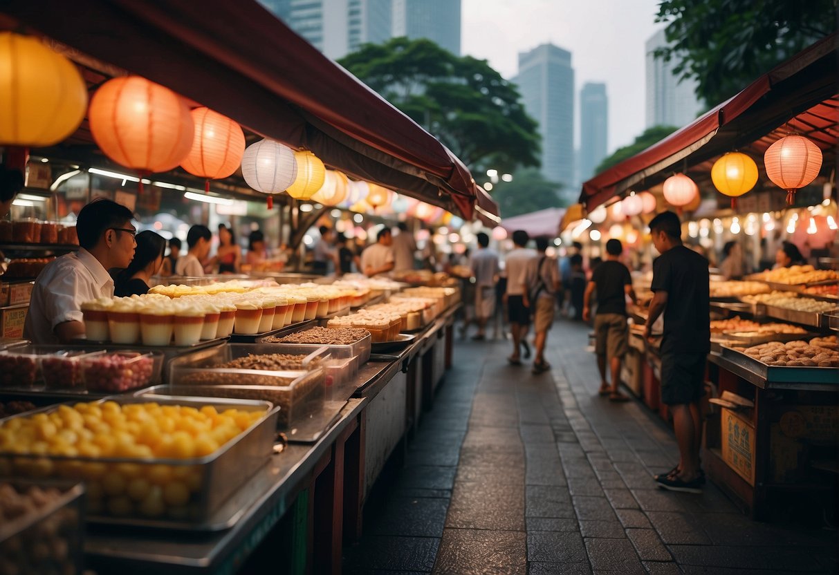 A bustling street market in Singapore, with colorful dessert stalls serving traditional Chinese sweet treats